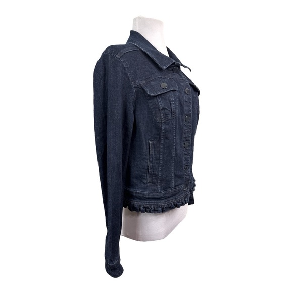 ELLE Women's Large Denim Jean Jacket Dark Blue Wash Cotton Stretch Pockets - Picture 2 of 8